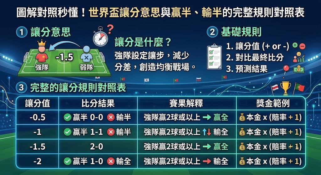 世界盃讓分意思與贏半、輸半的完整規則對照表 世界盃讓分意思與贏半、輸半的完整規則對照表